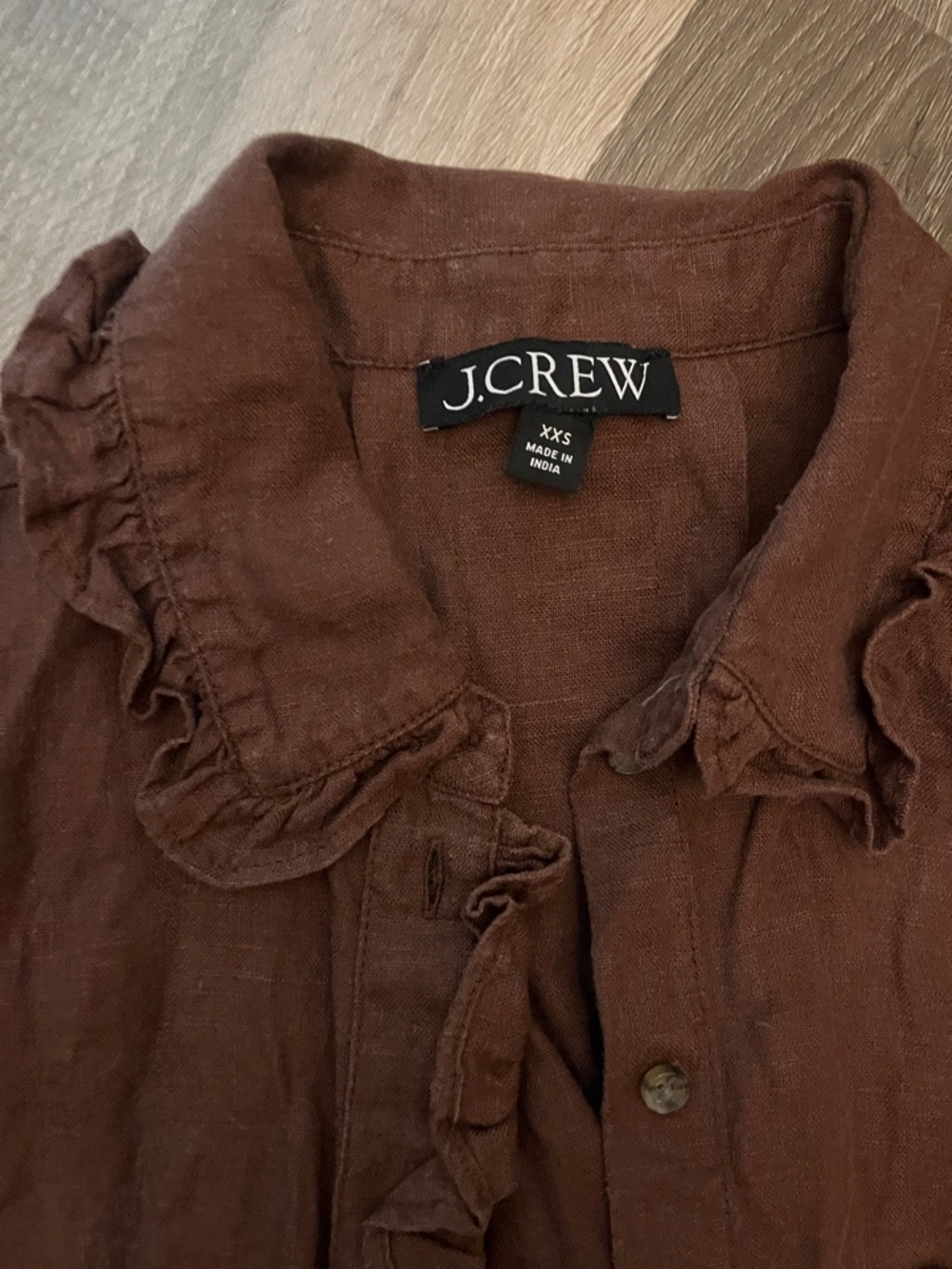 J. Crew Brown Ruffle-Trim Short Sleeve Linen Shirt - Picture 3 of 3